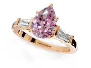 3 Stone Engagement Ring Setting for Fancy Pink Pear-Shaped Center with Channel Baguette Accents and Prong Head in Rose Gold