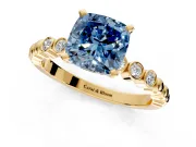 Solitaire Engagement Ring Setting for Fancy Blue Cushion Cut Center with Bezel-Dot Beaded Band and Prong Head in Yellow Gold