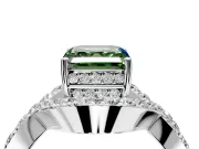 Halo Engagement Ring Setting for Fancy Green Asscher Cut Center with Pave Infinity Twist Band and Prong Head in White Gold