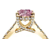 Solitaire Engagement Ring Setting for Fancy Pink Cushion Cut Center with Widening Pave Band and Claw Prong Head in Yellow Gold