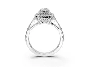 Double Halo Engagement Ring Setting for Radiant Cut Center with Narrow Pave Split Shank and Prong Head in White Gold