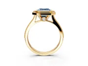 Halo Engagement Ring Setting for Fancy Blue Asscher Cut Center with Milgrain Pave Band and Bezel Head in Yellow Gold