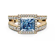 Halo Engagement Ring Setting for Fancy Blue Princess Cut Center with Wide-Open Pave Split Shank and Prong Head in Yellow Gold