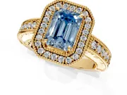 Milgrain Halo Engagement Ring Setting for Fancy Blue Emerald Cut Center with Pave Band and Prong Head in Yellow Gold