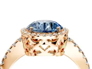 Accent Halo Engagement Ring Setting for Fancy Blue Round Cut Center with Full-Length Pave Band and Prong Head in Rose Gold