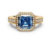 Milgrain Halo Engagement Ring Setting for Fancy Blue Asscher Cut Center with Pave Band and Prong Head in Yellow Gold