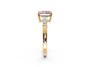 3 Stone Engagement Ring Setting for Fancy Pink Radiant Cut Center with Baguette Accents and Prong Head in Yellow Gold