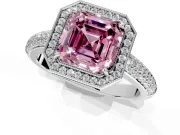 Milgrain Halo Engagement Ring Setting for Fancy Pink Asscher Cut Center with Three-Sided Pave Band and Prong Head in Sterling Silver