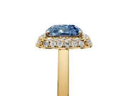 Halo Engagement Ring Setting for Fancy Blue Cushion Cut Center with Plain Tapered Band and Prong Head in Yellow Gold