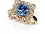 Cluster Halo Engagement Ring Setting for Fancy Blue Cushion Cut Center with Milgrain Bezel Accents and Prong Head in Yellow Gold
