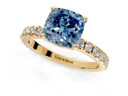 Solitaire Engagement Ring Setting for Fancy Blue Cushion Cut Center with Fine Pave Band and Claw Prong Head in Yellow Gold