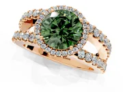 Halo Engagement Ring Setting for Fancy Green Round Cut Center with Wide-Open Pave Split Shank and Prong Head in Rose Gold
