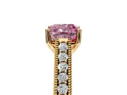 Solitaire Engagement Ring Setting for Fancy Pink Cushion Cut Center with Engraved Pave Band and Prong Head in Yellow Gold