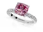 Solitaire Engagement Ring Setting for Fancy Pink Cushion Cut Center with Round Cut Pave Band and Prong Head in Sterling Silver