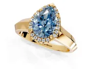 Halo Engagement Ring Setting for Fancy Blue Pear-Shaped Center with Knife Ridge Cathedral Band and Prong Head in Yellow Gold