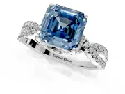 Solitaire Engagement Ring Setting for Fancy Blue Asscher Cut Center with Narrow Twist Pave Band and Prong Head in Platinum