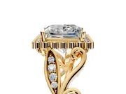 Halo Engagement Ring Setting for Princess Cut Center with Leaf Motif Split Shank and Prong Head in Yellow Gold