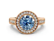Milgrain Halo Engagement Ring Setting for Fancy Blue Round Cut Center with Pave Band and Prong Head in Rose Gold