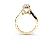 Solitaire Engagement Ring Setting for Oval Center with Widening Pave Band and Claw Prong Head in Yellow Gold