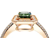 Milgrain Halo Engagement Ring Setting for Fancy Green Emerald Cut Center with Three-Sided Pave Band and Prong Head in Rose Gold
