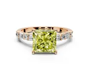 Baguette Engagement Ring Setting for Fancy Yellow Princess Cut Center with Alternating Bar-Set Band and Prong Head in Rose Gold
