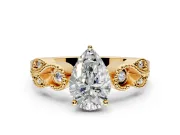 Leaf Engagement Ring Setting for Pear-Shaped Center with Milgrain Accent Band and Prong Head in Yellow Gold