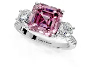 3 Stone Engagement Ring Setting for Fancy Pink Asscher Cut Center with Crossover Basket, Pave Band and Prong Head in Sterling Silver