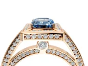 Halo Engagement Ring Setting for Fancy Blue Emerald Cut Center with Framed Halo, Pave Band and Prong Head in Rose Gold
