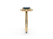 Milgrain Halo Engagement Ring Setting for Fancy Blue Emerald Cut Center with Bezel Point Accents and Prong Head in Yellow Gold