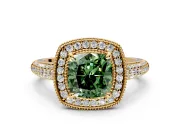 Milgrain Halo Engagement Ring Setting for Fancy Green Cushion Cut Center with Three-Sided Pave Band and Prong Head in Yellow Gold
