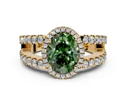 Halo Engagement Ring Setting for Fancy Green Oval Center with Wide-Open Pave Split Shank and Prong Head in Yellow Gold