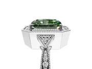 Halo Engagement Ring Setting for Fancy Green Radiant Cut Center with Milgrain Rim, Pave Band and Prong Head in Sterling Silver