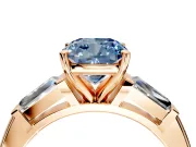 3 Stone Engagement Ring Setting for Fancy Blue Cushion Cut Center with Tapered Baguettes, Plain Band and Prong Head in Rose Gold