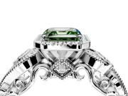 Milgrain Halo Engagement Ring Setting for Fancy Green Asscher Cut Center with Shoulder Bezels and Prong Head in White Gold
