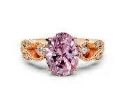 Leaf Engagement Ring Setting for Fancy Pink Oval Center with Milgrain Accent Band and Prong Head in Rose Gold