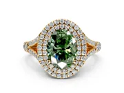 Double Halo Engagement Ring Setting for Fancy Green Oval Center with Narrow Pave Split Shank and Prong Head in Yellow Gold