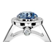 Halo Engagement Ring Setting for Fancy Blue Round Cut Center with Outer Bezel Rim, Pave Band and Prong Head in Platinum