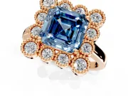 Cluster Halo Engagement Ring Setting for Fancy Blue Asscher Cut Center with Milgrain Bezel Accents and Prong Head in Rose Gold
