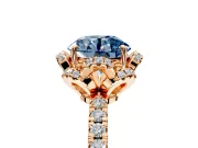 Halo Engagement Ring Setting for Fancy Blue Round Cut Center with Openwork Halo, Pave Band and Prong Head in Rose Gold