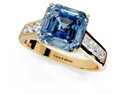 Solitaire Engagement Ring Setting for Fancy Blue Asscher Cut Center with Round Cut Channel Band and Prong Head in Yellow Gold