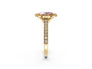 Halo Engagement Ring Setting for Fancy Pink Oval Center with Milgrain Pave Band and Bezel Head in Yellow Gold