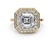 Halo Engagement Ring Setting for Asscher Cut Center with Plain Tapered Band and Prong Head in Yellow Gold