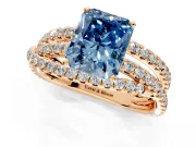 Solitaire Engagement Ring Setting for Fancy Blue Radiant Cut Center with Woven 3-Strand Pave Band and Prong Head in Rose Gold