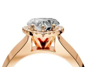 Halo Engagement Ring Setting for Heart-Shaped Center with Knife Ridge Cathedral Band and Prong Head in Rose Gold