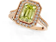 Halo Engagement Ring Setting for Fancy Yellow Emerald Cut Center with Milgrain Pave Band and Bezel Head in Rose Gold