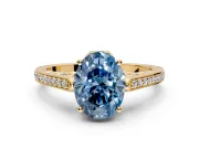 Cathedral Engagement Ring Setting for Fancy Blue Oval Center with Antique-Style Pave Band and Prong Head in Yellow Gold