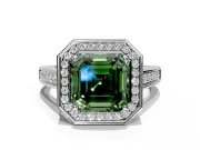 Halo Engagement Ring Setting for Fancy Green Asscher Cut Center with Outer Bezel Rim, Pave Band and Prong Head in Platinum