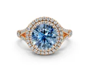 Double Halo Engagement Ring Setting for Fancy Blue Round Cut Center with Narrow Pave Split Shank and Prong Head in Rose Gold
