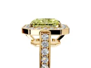 Bezel-Framed Halo Engagement Ring Setting for Fancy Yellow Radiant Cut Center with Pave Band and Prong Head in Yellow Gold