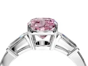 3 Stone Engagement Ring Setting for Fancy Pink Cushion Cut Center with Baguette Accents and Prong Head in White Gold